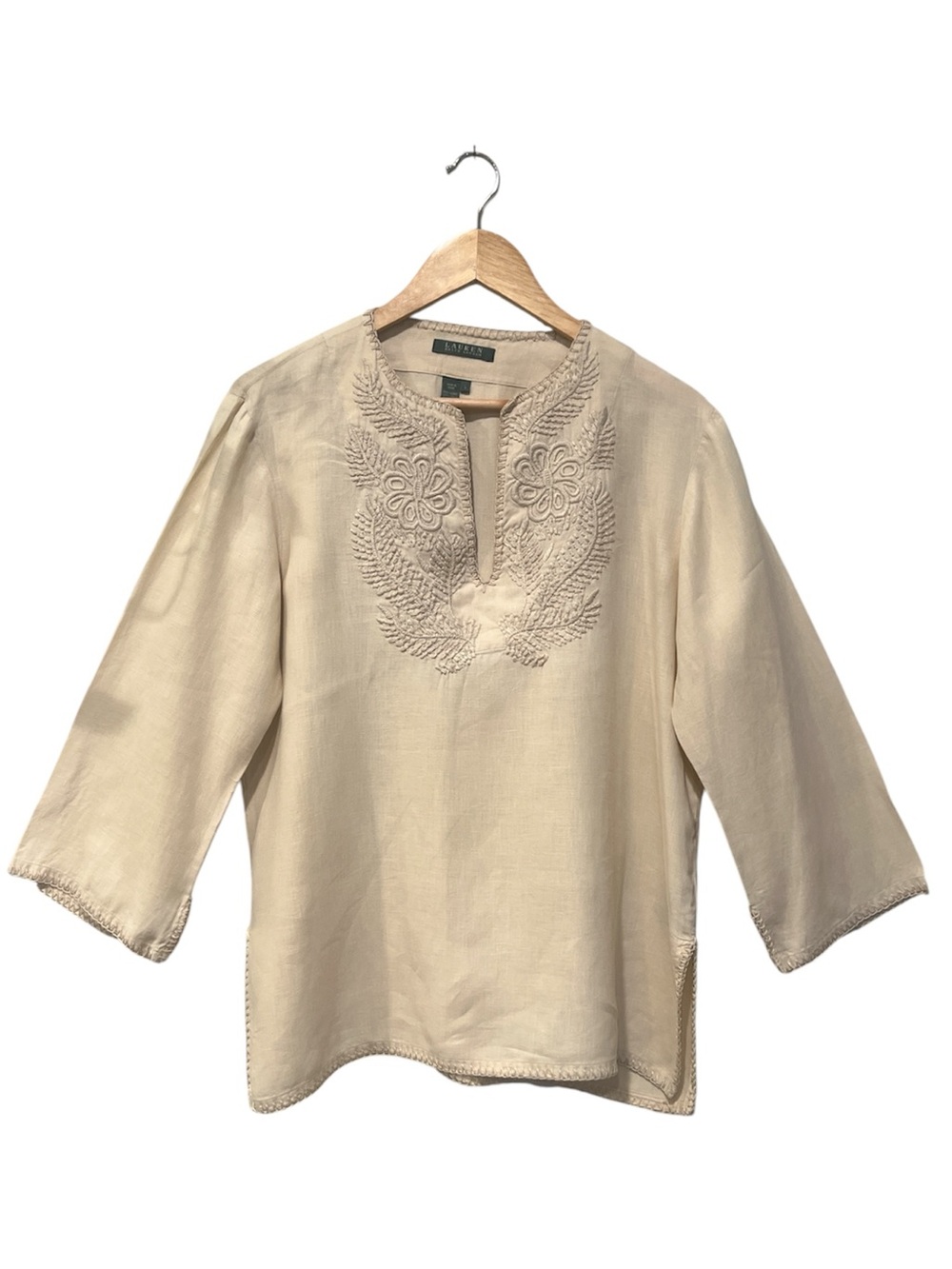 Lauren Ralph Lauren 100% Linen Embroidered Tunic Top  Beige Boho L